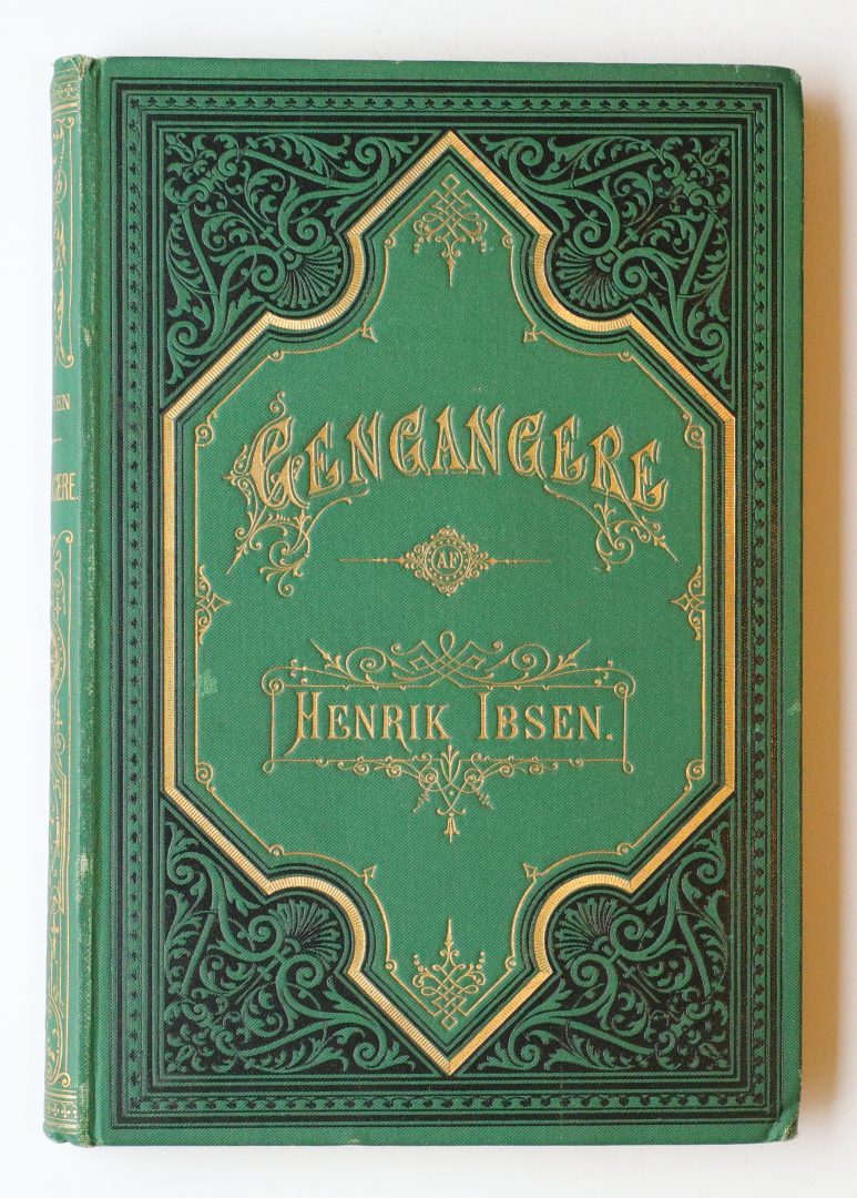 Green ornate hardcover book with gold embossing, showing the author name Henrik Ibsen on the front cover.